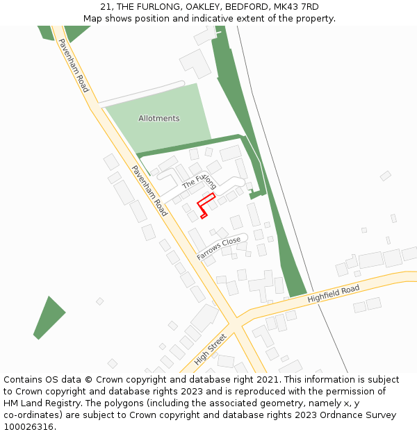 21, THE FURLONG, OAKLEY, BEDFORD, MK43 7RD: Location map and indicative extent of plot