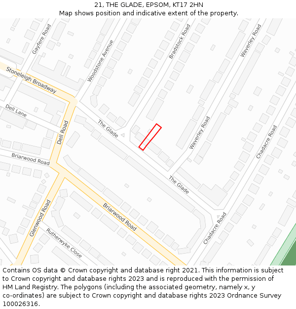 21, THE GLADE, EPSOM, KT17 2HN: Location map and indicative extent of plot