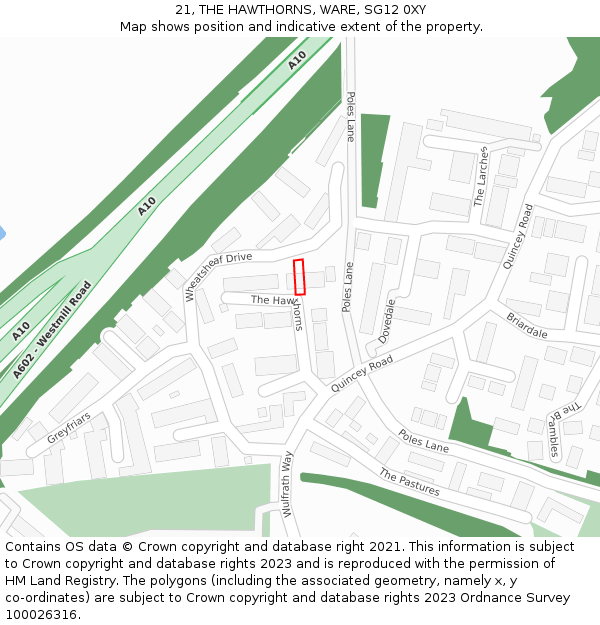 21, THE HAWTHORNS, WARE, SG12 0XY: Location map and indicative extent of plot