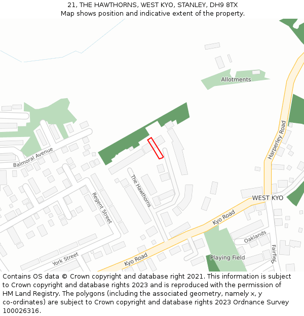 21, THE HAWTHORNS, WEST KYO, STANLEY, DH9 8TX: Location map and indicative extent of plot