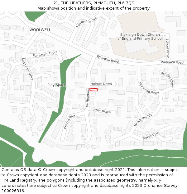 21, THE HEATHERS, PLYMOUTH, PL6 7QS: Location map and indicative extent of plot