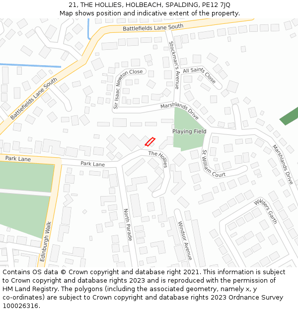 21, THE HOLLIES, HOLBEACH, SPALDING, PE12 7JQ: Location map and indicative extent of plot