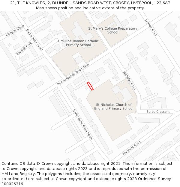 21, THE KNOWLES, 2, BLUNDELLSANDS ROAD WEST, CROSBY, LIVERPOOL, L23 6AB: Location map and indicative extent of plot