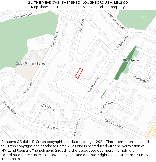 21, THE MEADOWS, SHEPSHED, LOUGHBOROUGH, LE12 9QJ: Location map and indicative extent of plot