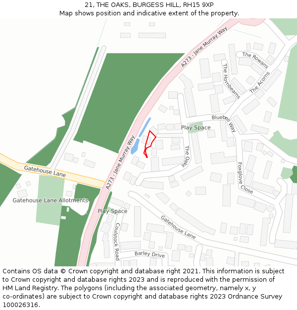 21, THE OAKS, BURGESS HILL, RH15 9XP: Location map and indicative extent of plot