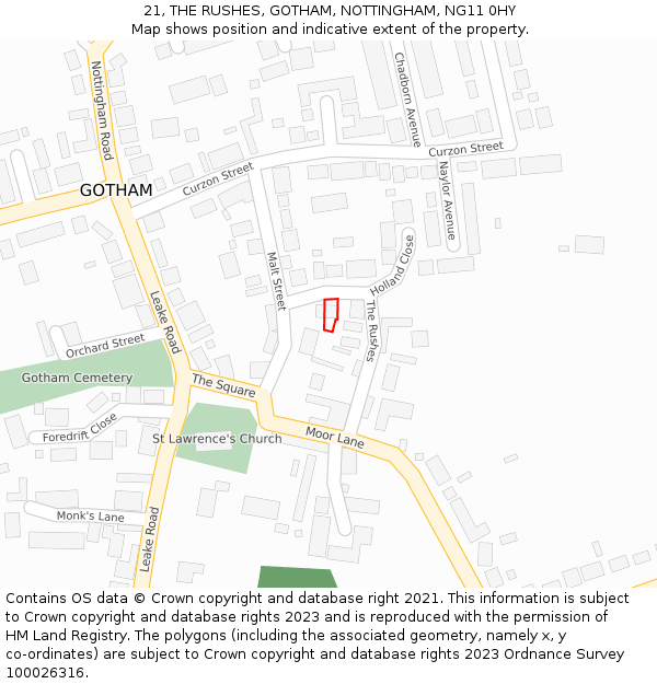 21, THE RUSHES, GOTHAM, NOTTINGHAM, NG11 0HY: Location map and indicative extent of plot