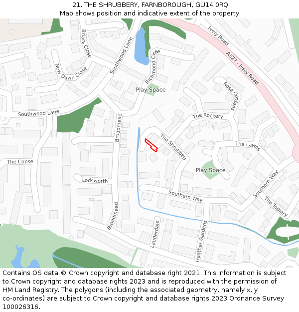 21, THE SHRUBBERY, FARNBOROUGH, GU14 0RQ: Location map and indicative extent of plot