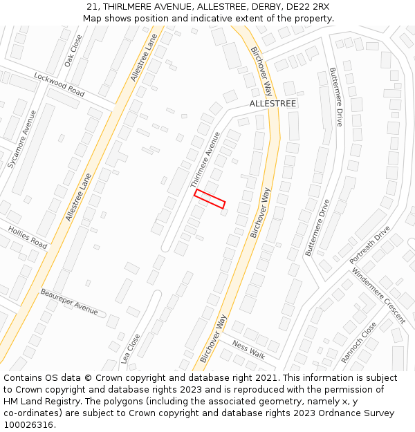 21, THIRLMERE AVENUE, ALLESTREE, DERBY, DE22 2RX: Location map and indicative extent of plot