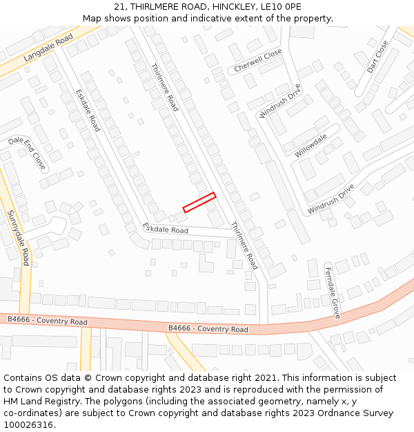 21, THIRLMERE ROAD, HINCKLEY, LE10 0PE: Location map and indicative extent of plot