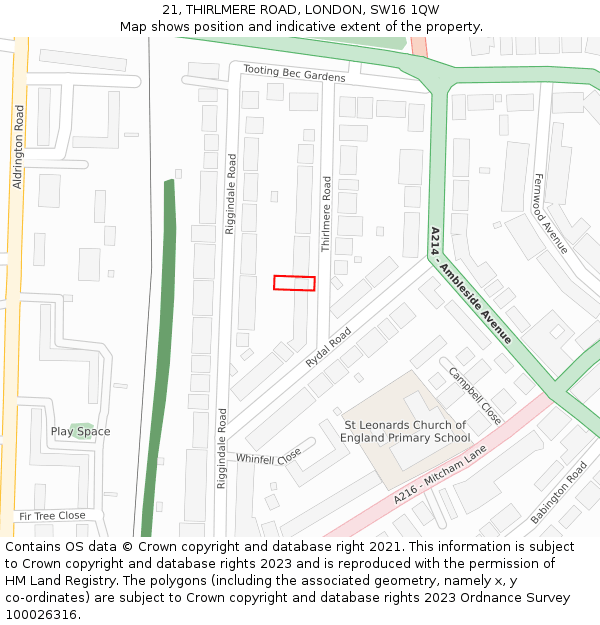 21, THIRLMERE ROAD, LONDON, SW16 1QW: Location map and indicative extent of plot