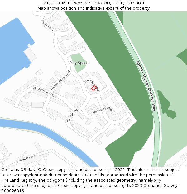 21, THIRLMERE WAY, KINGSWOOD, HULL, HU7 3BH: Location map and indicative extent of plot