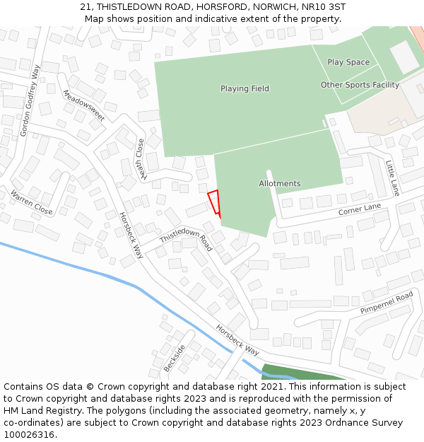 21, THISTLEDOWN ROAD, HORSFORD, NORWICH, NR10 3ST: Location map and indicative extent of plot