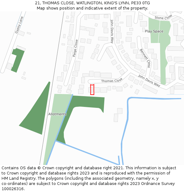 21, THOMAS CLOSE, WATLINGTON, KING'S LYNN, PE33 0TG: Location map and indicative extent of plot