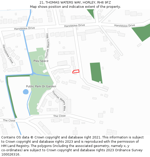 21, THOMAS WATERS WAY, HORLEY, RH6 9FZ: Location map and indicative extent of plot