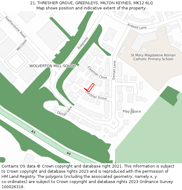 21, THRESHER GROVE, GREENLEYS, MILTON KEYNES, MK12 6LQ: Location map and indicative extent of plot