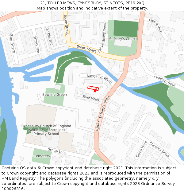 21, TOLLER MEWS, EYNESBURY, ST NEOTS, PE19 2XQ: Location map and indicative extent of plot