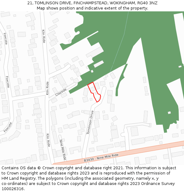 21, TOMLINSON DRIVE, FINCHAMPSTEAD, WOKINGHAM, RG40 3NZ: Location map and indicative extent of plot