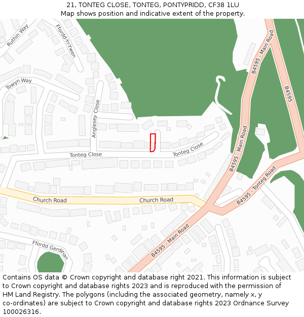 21, TONTEG CLOSE, TONTEG, PONTYPRIDD, CF38 1LU: Location map and indicative extent of plot