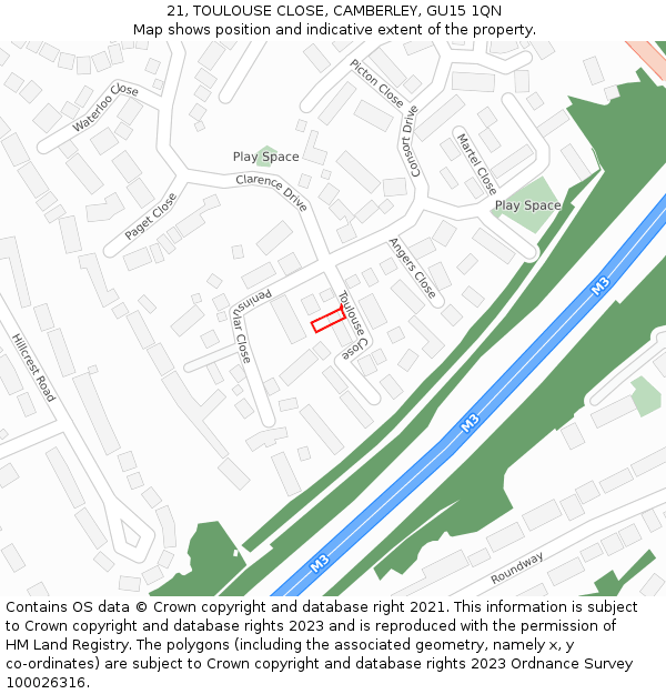 21, TOULOUSE CLOSE, CAMBERLEY, GU15 1QN: Location map and indicative extent of plot