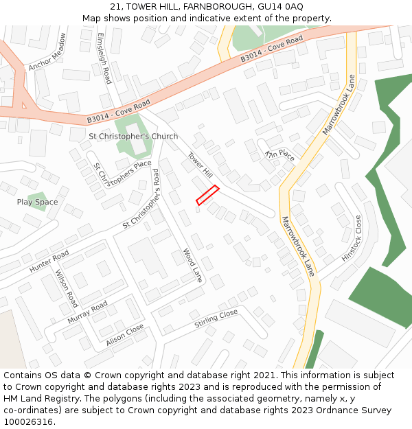 21, TOWER HILL, FARNBOROUGH, GU14 0AQ: Location map and indicative extent of plot