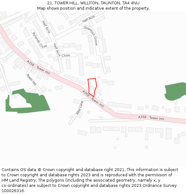 21, TOWER HILL, WILLITON, TAUNTON, TA4 4NU: Location map and indicative extent of plot