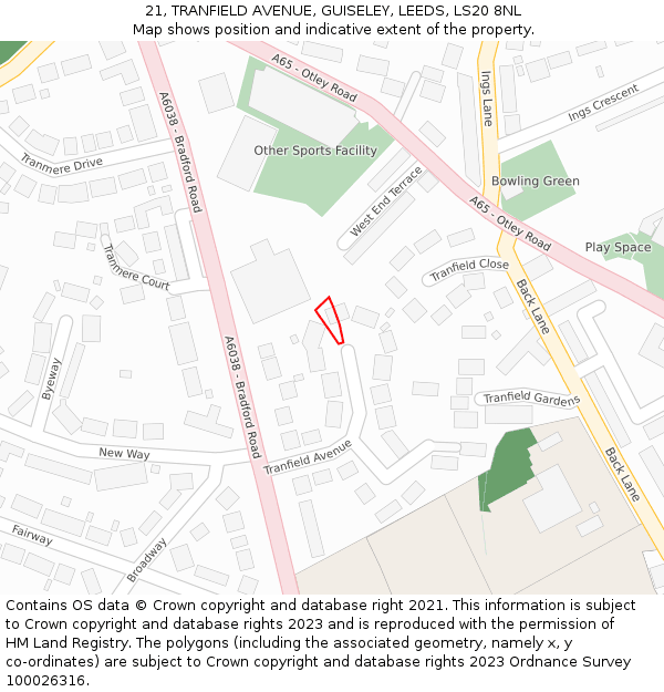 21, TRANFIELD AVENUE, GUISELEY, LEEDS, LS20 8NL: Location map and indicative extent of plot