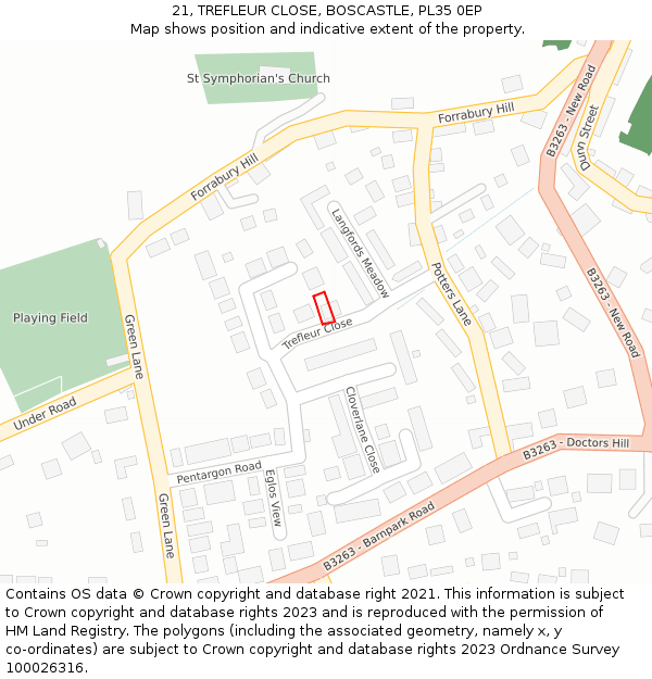 21, TREFLEUR CLOSE, BOSCASTLE, PL35 0EP: Location map and indicative extent of plot
