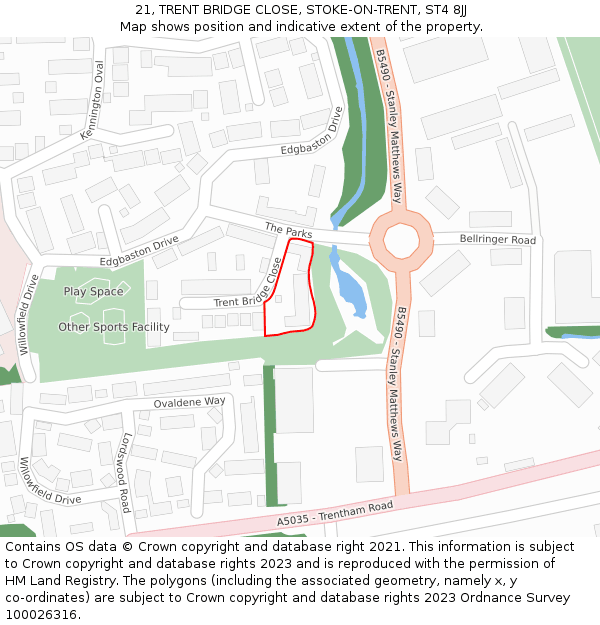 21, TRENT BRIDGE CLOSE, STOKE-ON-TRENT, ST4 8JJ: Location map and indicative extent of plot