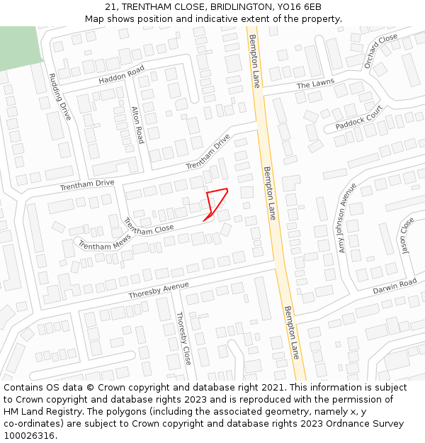 21, TRENTHAM CLOSE, BRIDLINGTON, YO16 6EB: Location map and indicative extent of plot