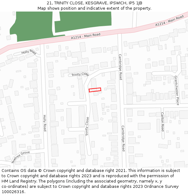 21, TRINITY CLOSE, KESGRAVE, IPSWICH, IP5 1JB: Location map and indicative extent of plot