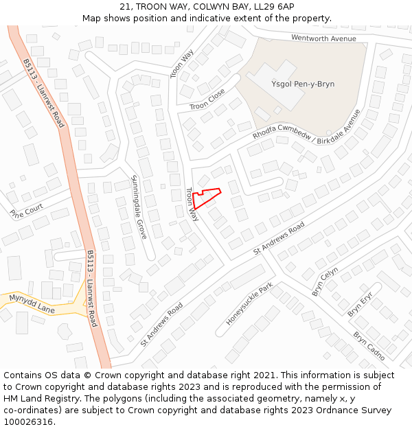 21, TROON WAY, COLWYN BAY, LL29 6AP: Location map and indicative extent of plot