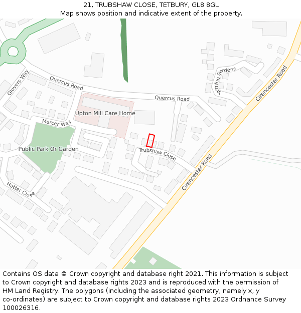 21, TRUBSHAW CLOSE, TETBURY, GL8 8GL: Location map and indicative extent of plot