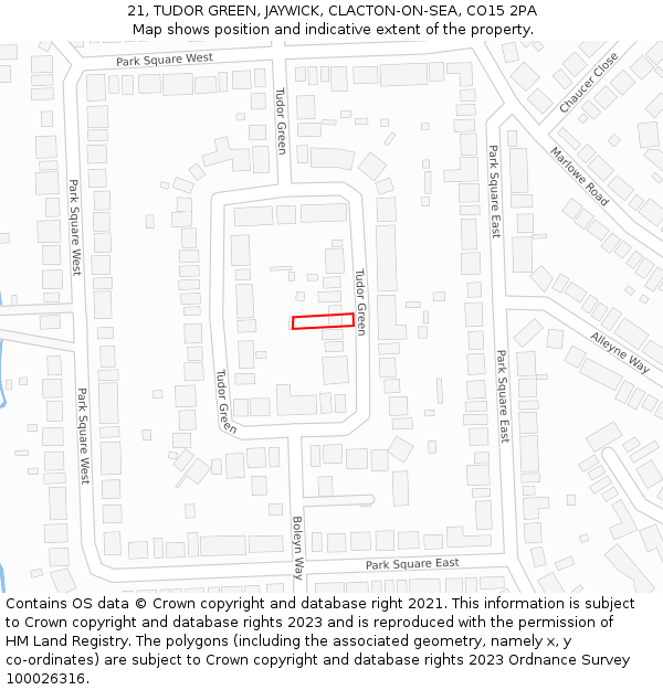 21, TUDOR GREEN, JAYWICK, CLACTON-ON-SEA, CO15 2PA: Location map and indicative extent of plot