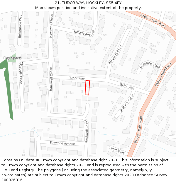 21, TUDOR WAY, HOCKLEY, SS5 4EY: Location map and indicative extent of plot