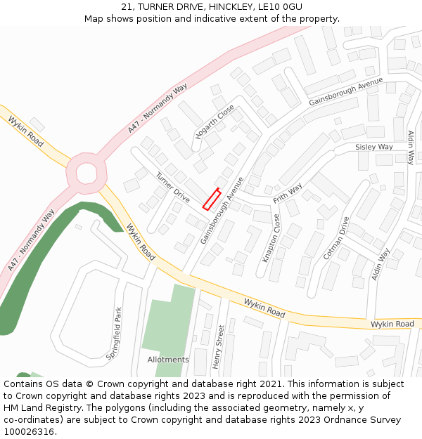 21, TURNER DRIVE, HINCKLEY, LE10 0GU: Location map and indicative extent of plot