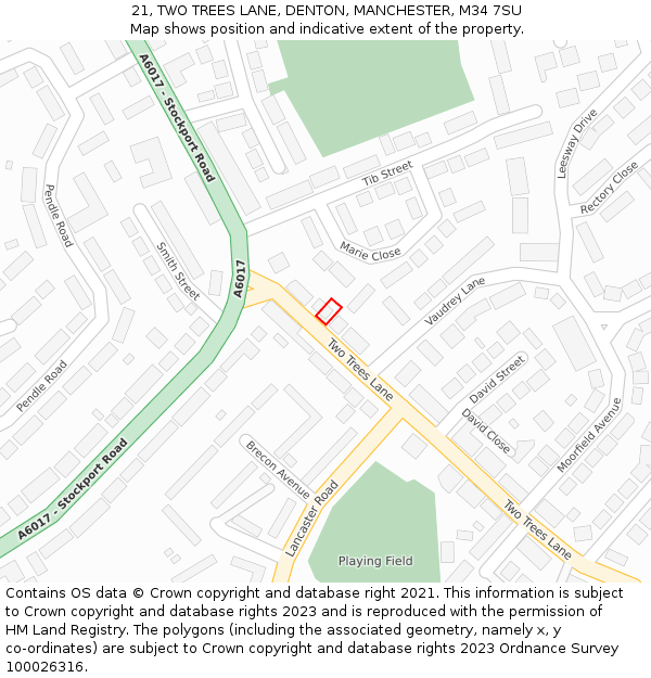 21, TWO TREES LANE, DENTON, MANCHESTER, M34 7SU: Location map and indicative extent of plot