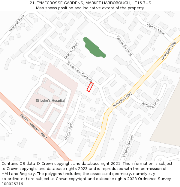 21, TYMECROSSE GARDENS, MARKET HARBOROUGH, LE16 7US: Location map and indicative extent of plot