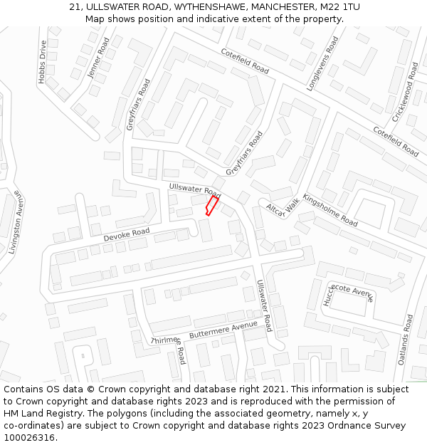 21, ULLSWATER ROAD, WYTHENSHAWE, MANCHESTER, M22 1TU: Location map and indicative extent of plot