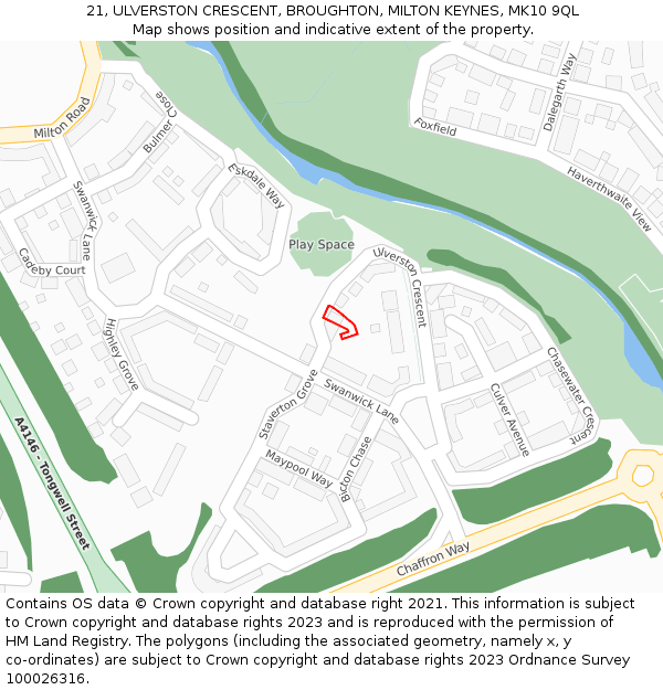 21, ULVERSTON CRESCENT, BROUGHTON, MILTON KEYNES, MK10 9QL: Location map and indicative extent of plot