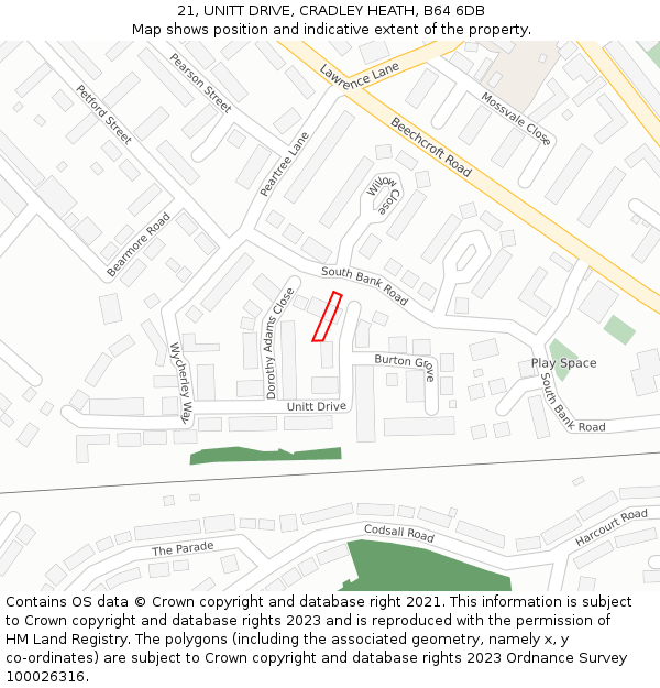 21, UNITT DRIVE, CRADLEY HEATH, B64 6DB: Location map and indicative extent of plot