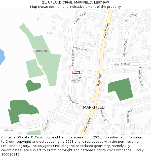 21, UPLAND DRIVE, MARKFIELD, LE67 9WF: Location map and indicative extent of plot