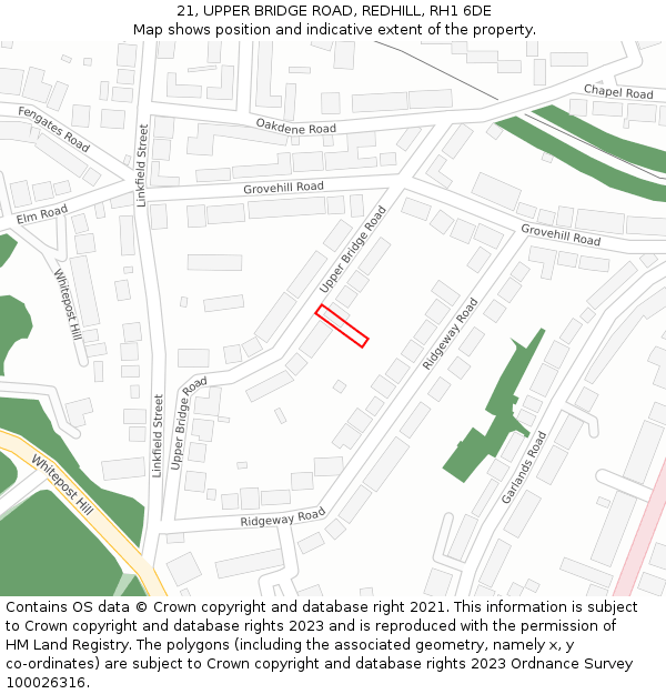 21, UPPER BRIDGE ROAD, REDHILL, RH1 6DE: Location map and indicative extent of plot