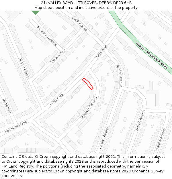 21, VALLEY ROAD, LITTLEOVER, DERBY, DE23 6HR: Location map and indicative extent of plot