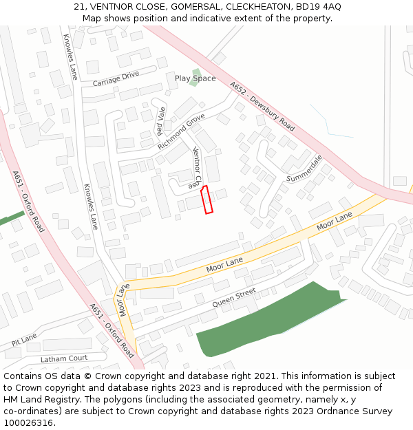 21, VENTNOR CLOSE, GOMERSAL, CLECKHEATON, BD19 4AQ: Location map and indicative extent of plot