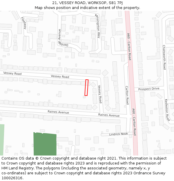 21, VESSEY ROAD, WORKSOP, S81 7PJ: Location map and indicative extent of plot