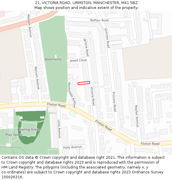 21, VICTORIA ROAD, URMSTON, MANCHESTER, M41 5BZ: Location map and indicative extent of plot