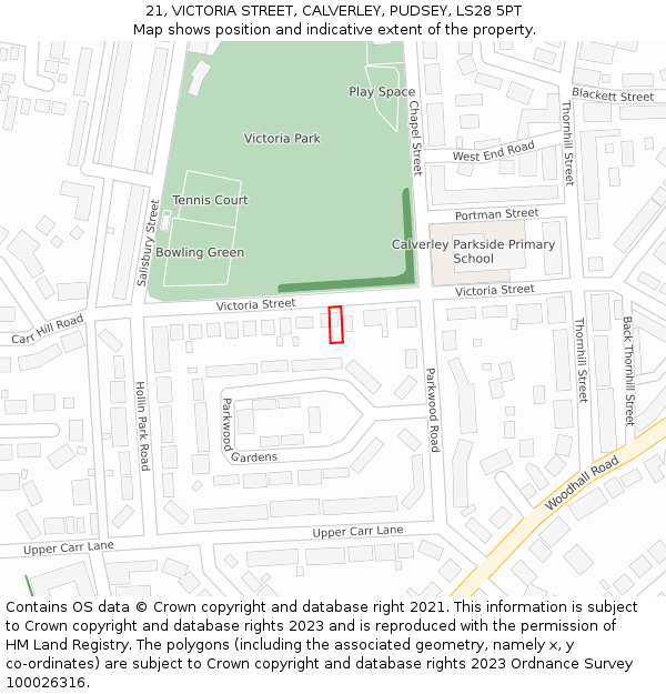 21, VICTORIA STREET, CALVERLEY, PUDSEY, LS28 5PT: Location map and indicative extent of plot