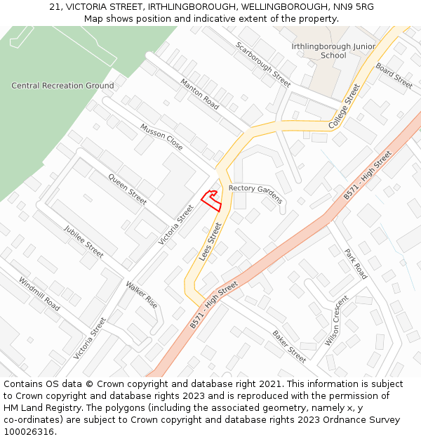 21, VICTORIA STREET, IRTHLINGBOROUGH, WELLINGBOROUGH, NN9 5RG: Location map and indicative extent of plot