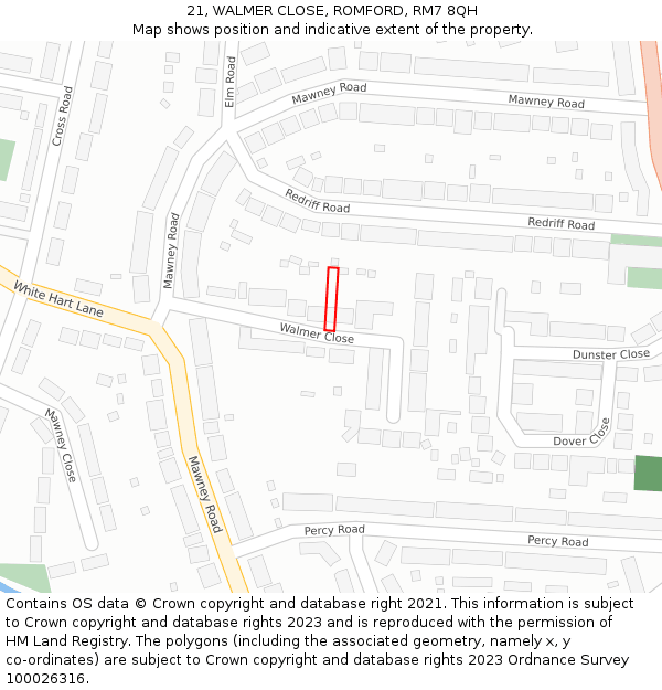 21, WALMER CLOSE, ROMFORD, RM7 8QH: Location map and indicative extent of plot