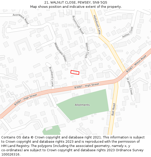 21, WALNUT CLOSE, PEWSEY, SN9 5QS: Location map and indicative extent of plot